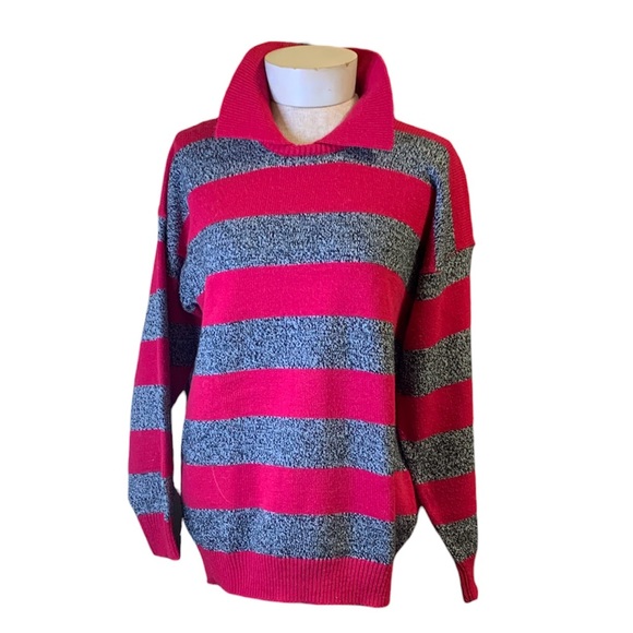 Vintage 80's Fuchsia & Charcoal Preppy Sweater Made in Taiwan Republic of China - Picture 2 of 10